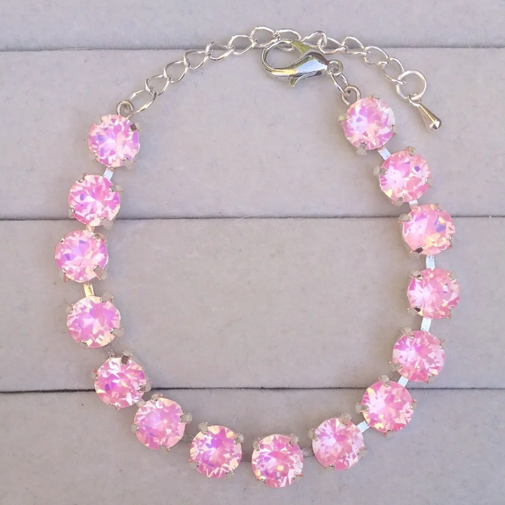 Pink Opal Aurora Borealis + Silver Crystal Tennis Bracelet - Picture 6 of 8